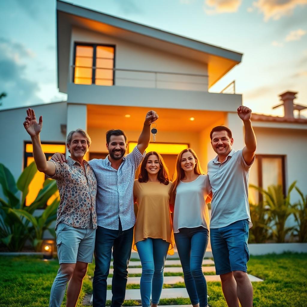 Família em frente à casa nova com as chaves